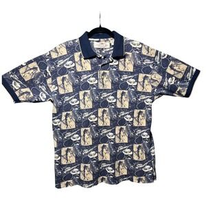 Vintage Cotton Mill Mens Fishing Graphic Polo Shirt Navy Blue Tan All Over Print